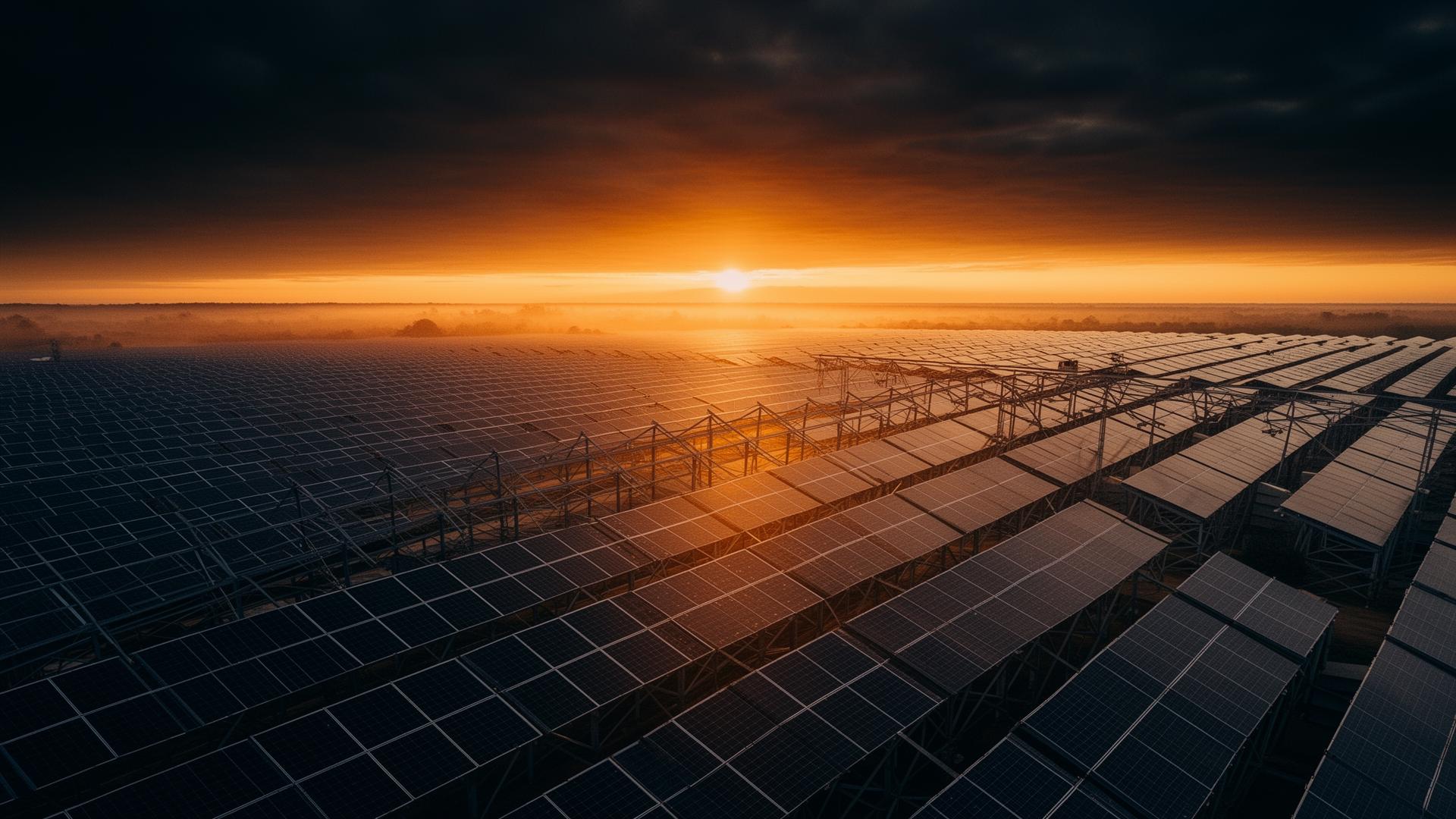 Solar power plant at sunrise